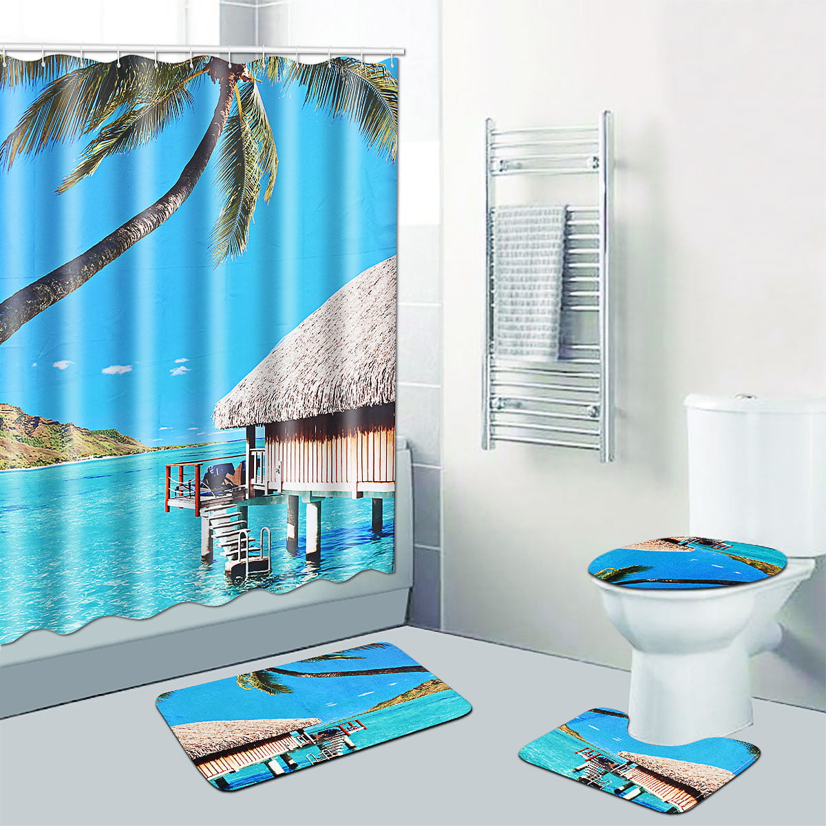 Beach Sea Shower Curtain Bathroom Mat Set Toilet Lid Cover 12Hooks Pedestal Rug 