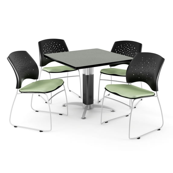 OFM Core Collection Breakroom Bundle, 42" Square Metal Mesh Base Multi-purpose Table in Gray Nebula, 4 Stars Stacking Chairs in Sage Green (PKG-BRK-018-0023)
