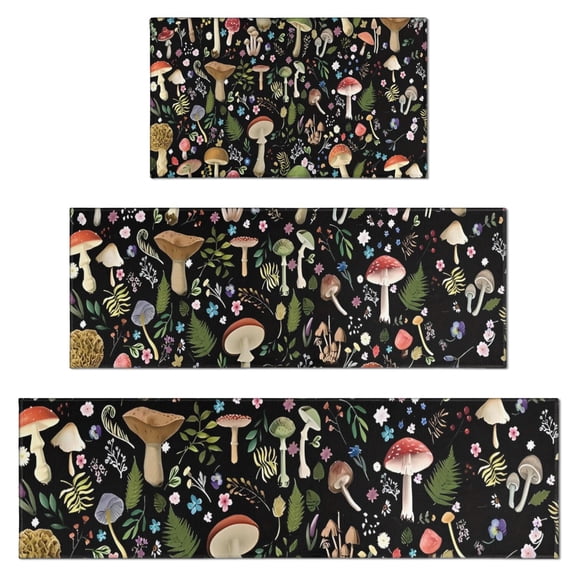Red Mushroom Flower Black Pattern Kitchen Rugs Sets Of 3,Kitchen Runner Rugs Non Skid Washable,Decorative Kitchen Floor Mats for Kitchen,Sink,Laundry,17"x30" 17"x47" 17"x59"