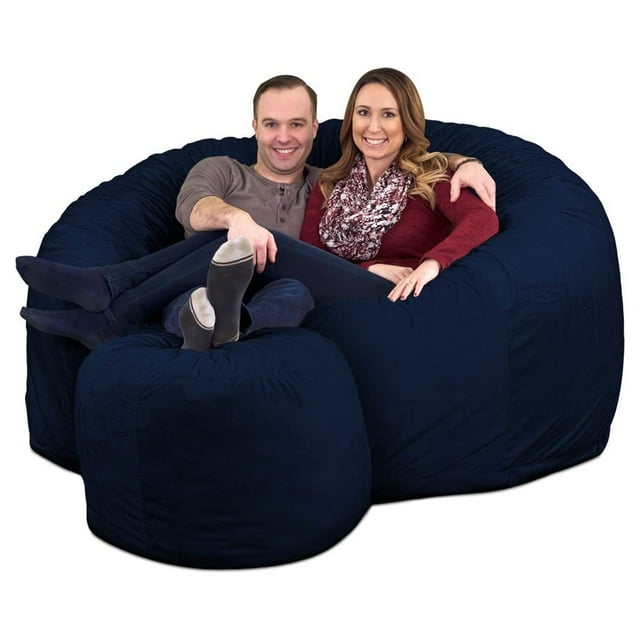 Ultimate Sack 6 Foot Foam Filled Suede Bean Bag Chair with Footstool, Navy