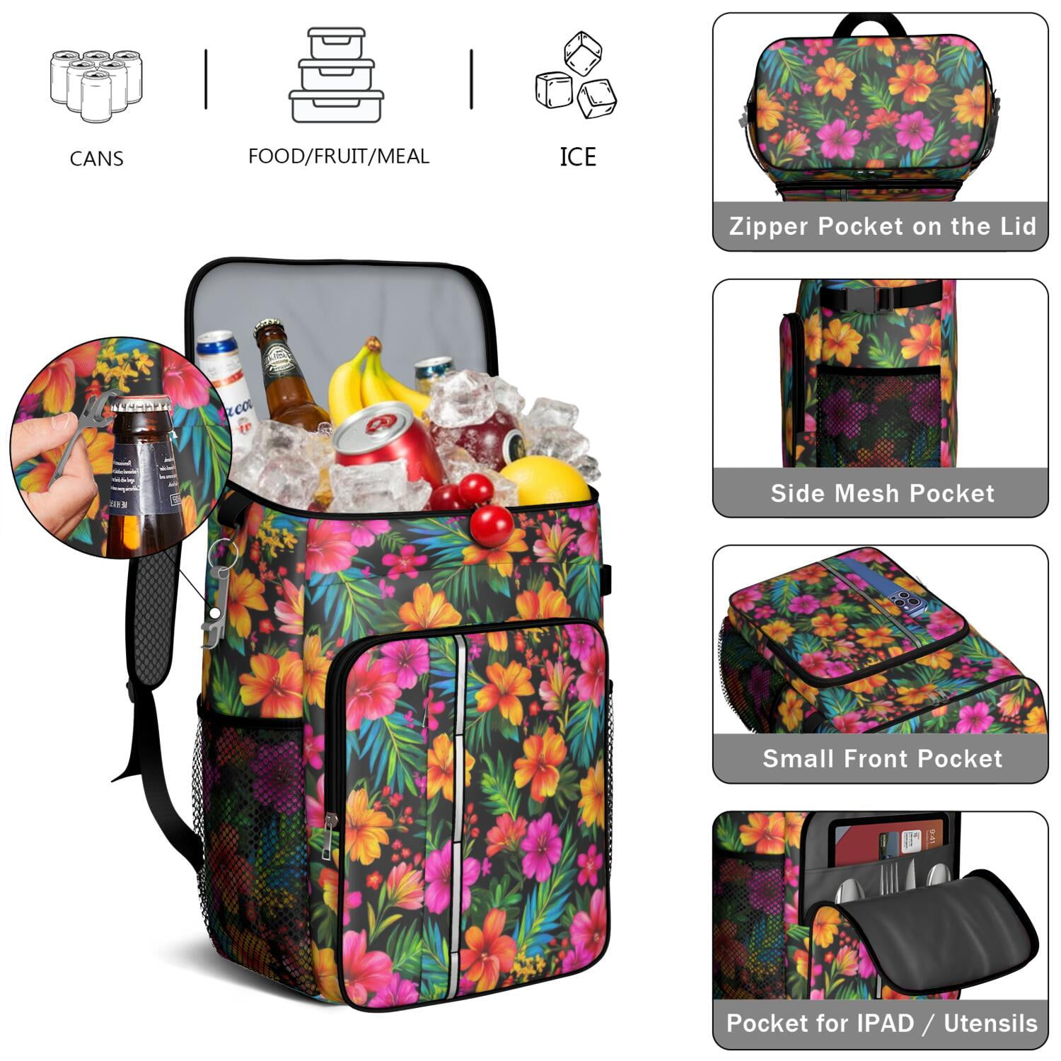 Travel Cooler Bag - Pioneer Flower Camping Beer Cooler Backpack with Bottle Opener- Waterproof Insulated Picnic Backpacks - Cooler Bag for Beach