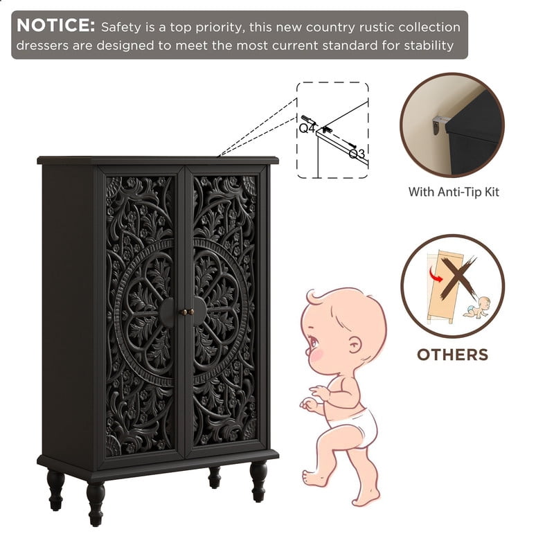 Freestanding Accent Storage Cabinet with Hollowed Out Carved Double Door, Farmhouse Display Buffet Chest with Adjustable Shelf