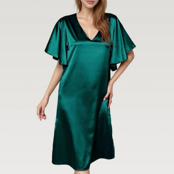 Women's Satin Midi Dress with V-Neckline and Flutter Sleeves for a Relaxed Elegant Fit - X Large, Dark Olive
