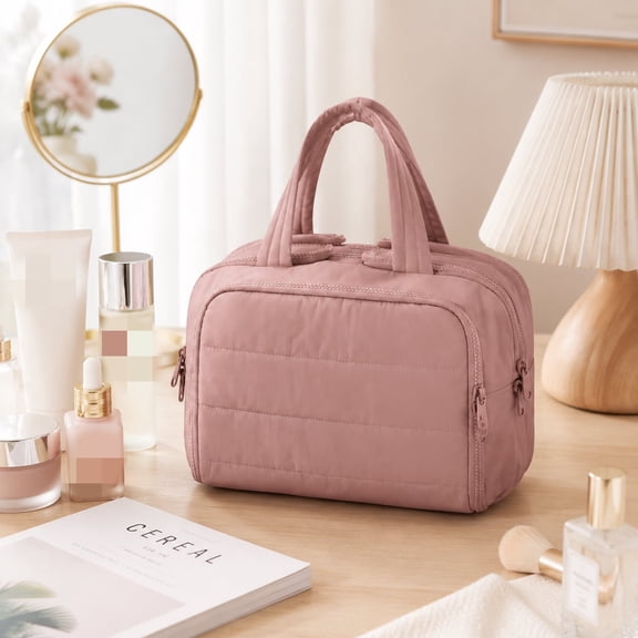 Travel Bag, Toiletry Bag for Women, Shower Bag, Makeup Travel Bag, Puffy Wide Open Cosmetic Organizer Handbag with Handle for Travel Essentials and Accessories