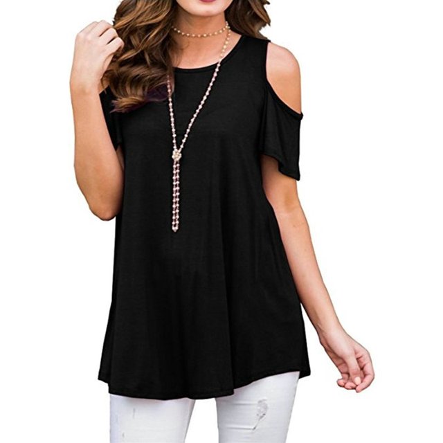 DYMADE Womens Cold Shoulder Soild Casual Tunic Blouse Tops