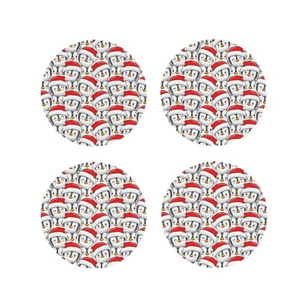 

Fuzoiu Cute Christmas Hat Penguin Print Leather Coasters Set Drink Coasters Set of 4 for Tabletop Protection Durable PVC Coasters Home Décor and Housewarming Gift-Round Shape