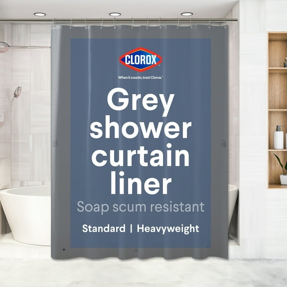 Clorox Shower Curtain Liner Heavyweight Waterproof PEVA with Metal Grommets 72" x 72" Grey