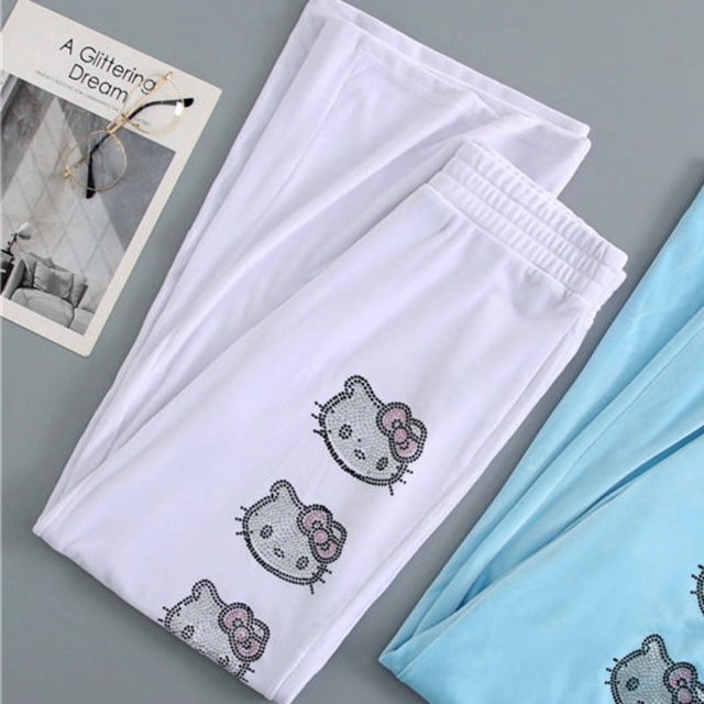 Pantalones anchos de terciopelo de Hello Kitty de Sanrio, pantalones casuales de cintura alta con dibujos animados bonitos, pantalones blancos Y2k de moda para mujer, pantalones de chándal de hip hop