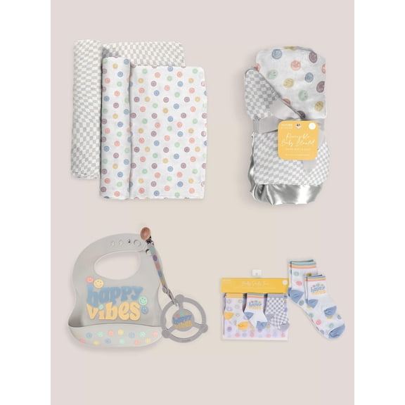 JuJuBe x Studio Oh! Socks, Bib, Teething Ring, Blankets Baby Bundle - Happy Baby Vibes
