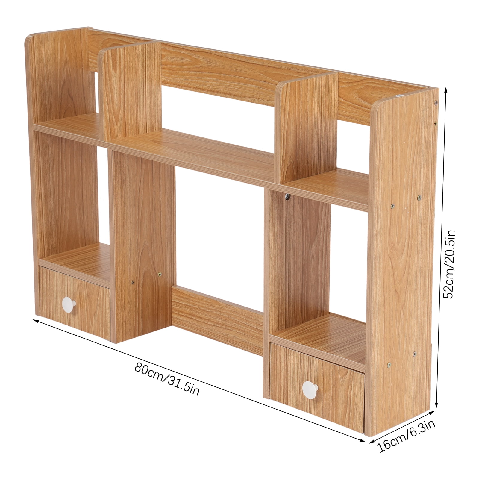 2 Drawers Desktop Storage Shelf Rack Office&Home Desk Hutch Books Display Shelf Rack Desk Shelf Desk Storage Organizer Bookshelf Wood Desk for Computer Desk - Rubber Wood Color