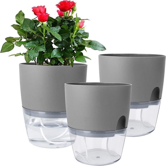 Estbridg 6 Inch Self Watering Planter Pots for Indoor Plants 3 Pack African Violet Pots with Wick Rope-Gray