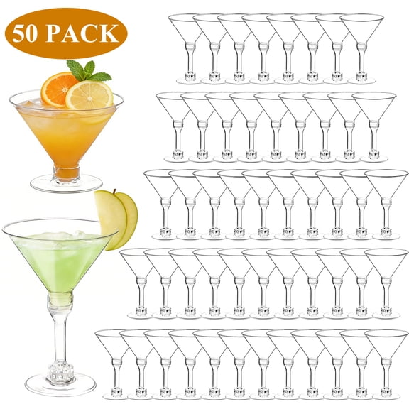 Aovky Plastic Martini Glasses 50 Pack, 5 oz Clear Disposable Cocktail Cups, Tall Stemmed Mini Margarita and Wine Glasses for Party, Wedding, Birthday, Champagne, Desserts, Appetizers