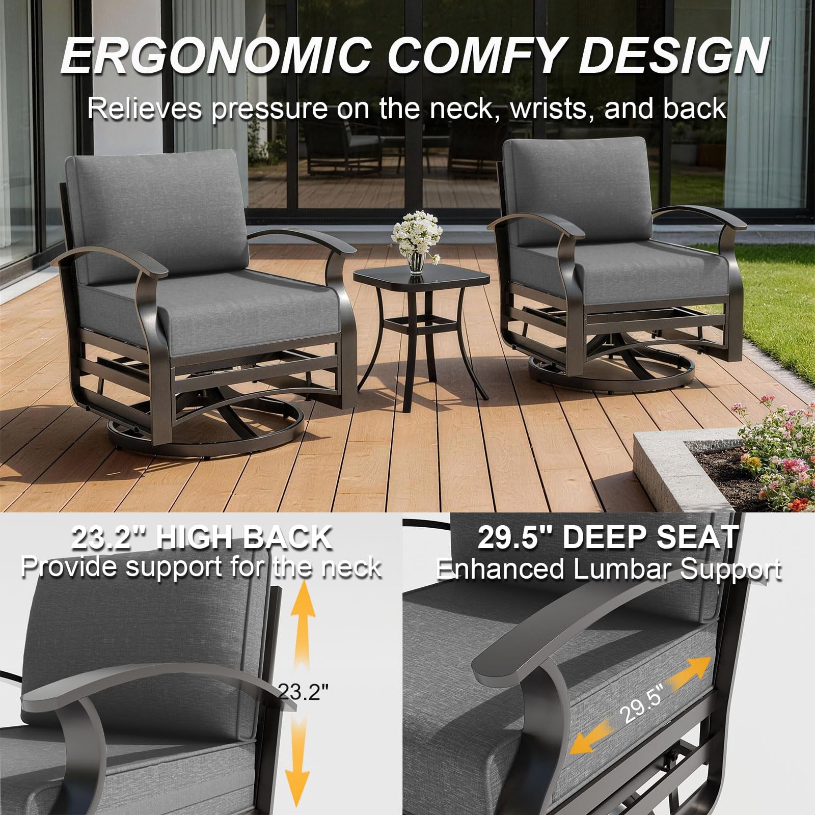 Gotland 3PCS Outdoor Aluminum Swivel Rocking Chairs, 2-Person Patio Furniture Conversation Set with Coffee Table and Cushions, Gray