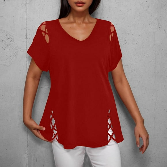 TNDBKQWR Womens Tops Sale Clearance Short Sleeve T Shirt Women Cute V Neck Tops for Women Short Sleeve Top Women, Red, M