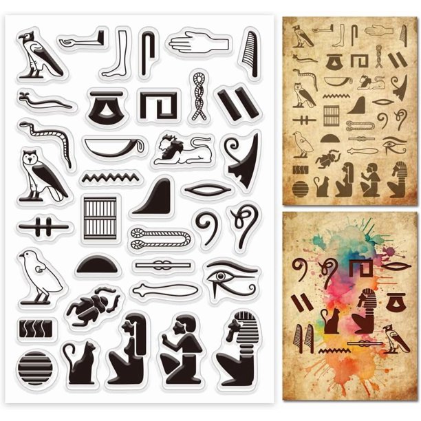 Sello de silicona transparente con jeroglíficos egipcios para hacer tarjetas. Alfabeto mágico transparente con glifos del antiguo Egipto.