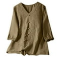 thumbnail image 3 of Plus Size Linen Blend Mid Sleeve Embroidered V Neck Top For Summer Body Shirts Women plus Size plus Size Fitted Camisole Summer Tops plus Size Shiny Top plus Size Long Shirt Lace Blouses for Women, 3 of 3