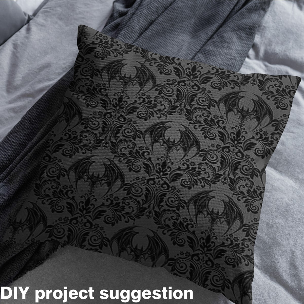 Manfei Hippie Damask Fabric by the Yard (10 Yards), Happy Halloween Bat Decorative Fabric by the Yard, Black and Gray DIY Fabric