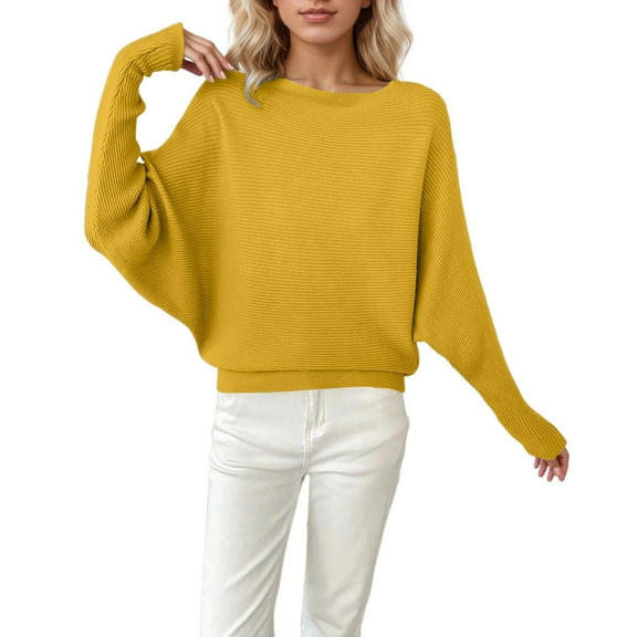 Arlun Women's Long Sleeve Sweaters Boat Neck Batwing Sleeves Ribbing Knitted Pullovers Tops Solid Color Loose Fit Soft Comfortable Casual Sweaters for Women Yellow XL
