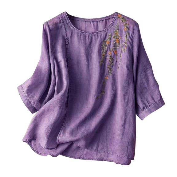 T Shirts For Women Womens Tops 3/4 Sleeve Linen Shirts For Cotton Summer Retro Embroidered Boho Tops Casual Trendy Vacation Blouse