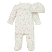 Baby Girls Vintage Rose Infant Footie Pajamas with Matching hat - Ivory Print Footed Sleeper for Baby Girls Pijamas Para Bebes Sleep N Play with Cap Size 3 Months