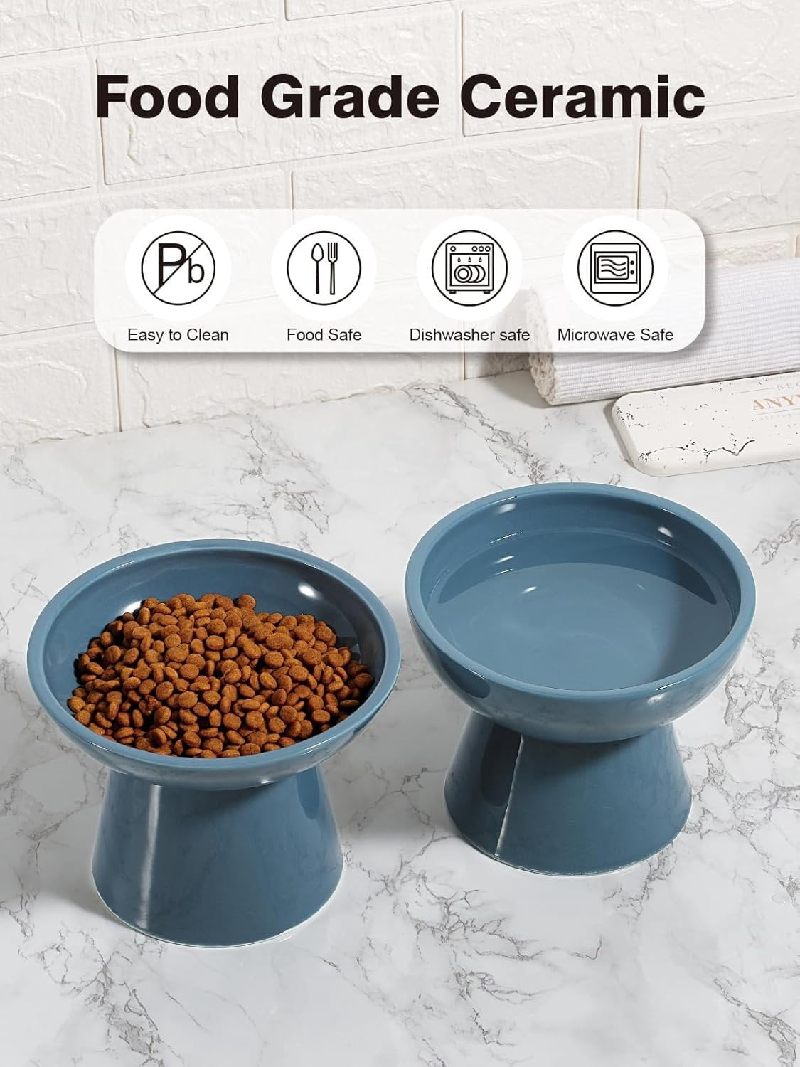 Elevated   and Water Bowls Set, Extra Wide and Raised Ceramic Feeder, Anti-Vomit -Free  Feeding Bowl for Kittens Adult Small Dogs (Deep Blue)