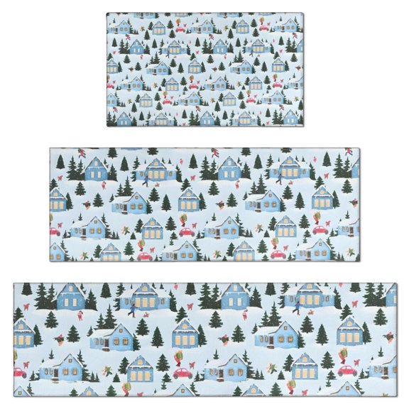 Light Blue Christmas House and Tree Pattern Kitchen Rugs Sets Of 3,Kitchen Runner Rugs Non Skid Washable,Decorative Kitchen Floor Mats for Kitchen,Sink,Laundry,17"x30" 17"x47" 17"x59"