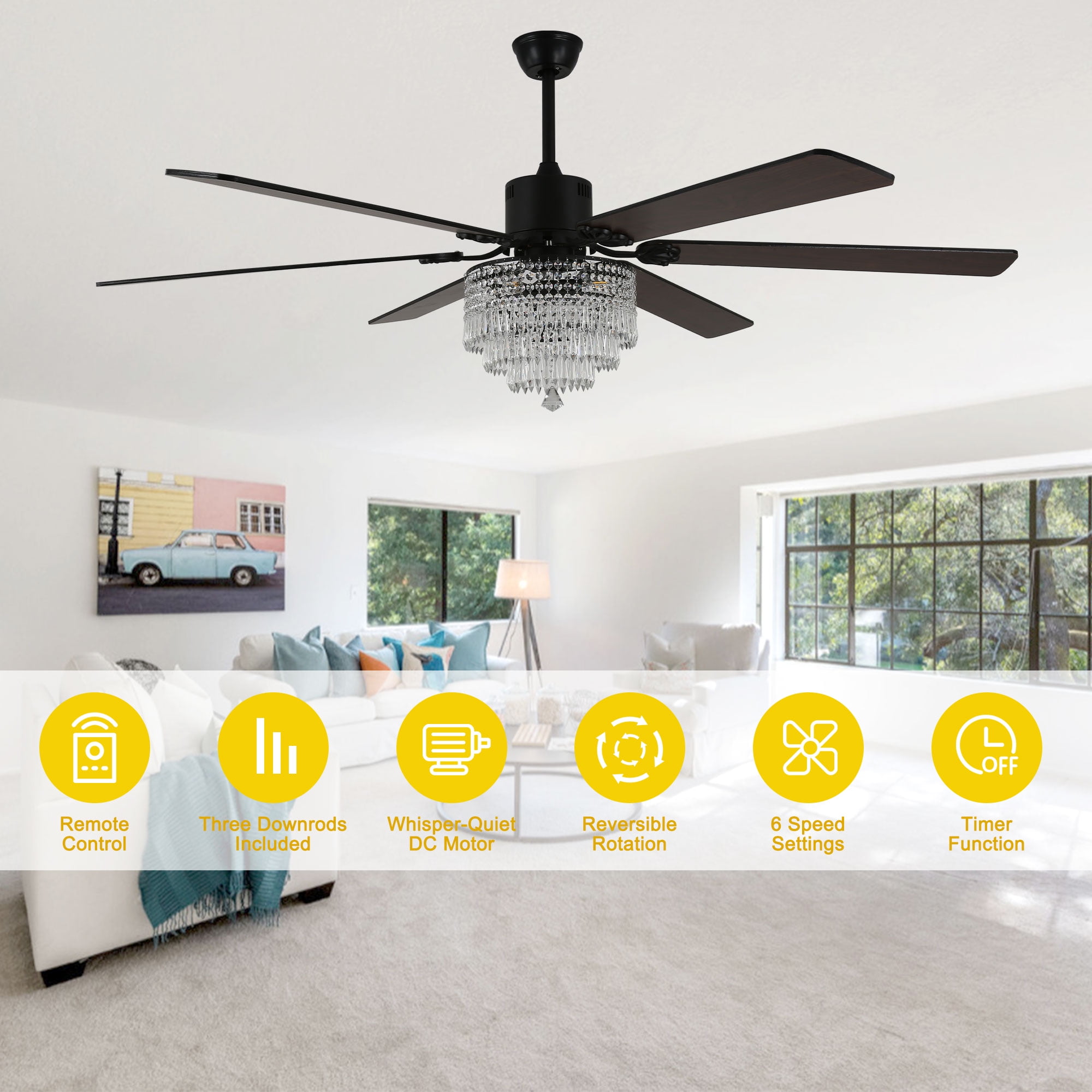 Chords Attic 65" 6-Blade Reversible Ceiling Fan with Lights and Remote Control, 6-Speed, Timer Setting Quiet DC Motor