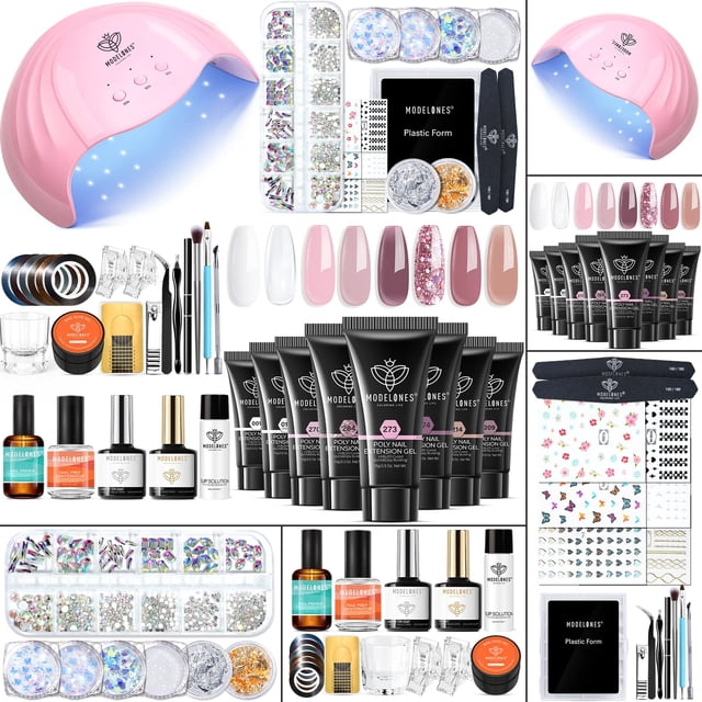Kit de gel de uñas Poly Modelones 8 Rosy Pink con lámpara LED de 48 W