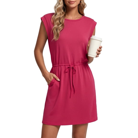 Womens Tshirt Dresses with Pockets Crew Neck Tie Waist Casual Solid Color Sleeveless Dress