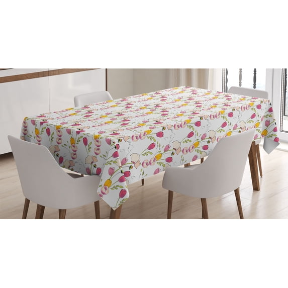 Colorful Tablecloth, Tulips and Poppy Flowers Romantic Arrangement Valentines Day Themed Illustration, Rectangle Satin Table Cover for Dining Room and Kitchen, 52" X 70", Multicolor, by Ambesonne