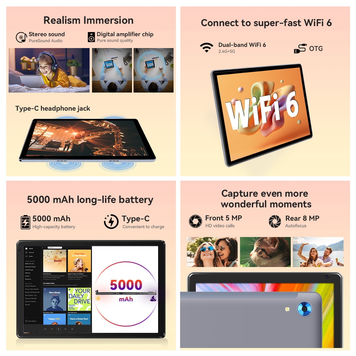 2026 Android 15 Tablet 10.1 Inch, Octa-Core, 128GB ROM, Widevine L1, WiFi 6, Bluetooth 5.3 for Student and Worker,Gray