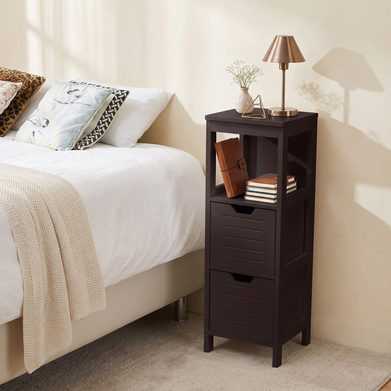 ALPULON Bathroom Wooden Floor Cabinet Multifunction Storage Rack Stand Organizer, Freestanding Storage Cabinet with 2 Drawers and 3 Open Shelves for Living Room, Brown
