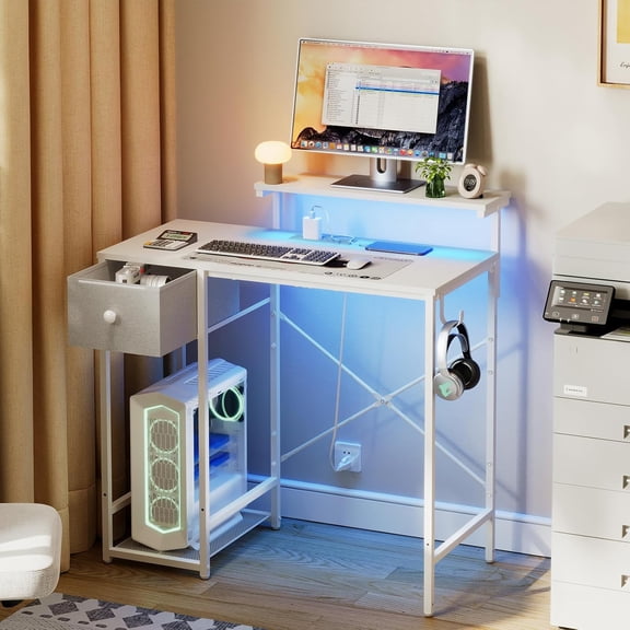 33.5" Small Gaming Desk with LED Lights & Power Outlets, Compact Computer Desk with Monitor Stand & CPU Stand, Gamer Table with Storage Drawer, Side Hooks for Home Office, Bedroom, White