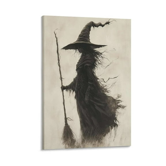 Halloween Wall Decor Creepy Witchy Canvas Poster Print Witch Wielding Broom Retro Wall Painting Gothic Decor Aesthetic for Halloween Room Family Bedroom Decor