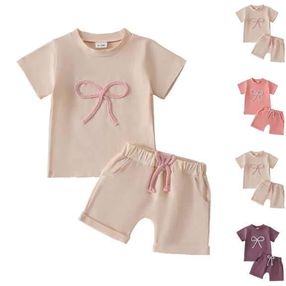 HVOBTTY Kid's Soft Sport Outdoor Sets, Toddler Summer Outfit Sets, Kids Casual Solid Color Round Neck Short Sleeve Top with Bow and Elastic Shorts 2 Piece Daily Outfits Sets Pink, 2-3 Years