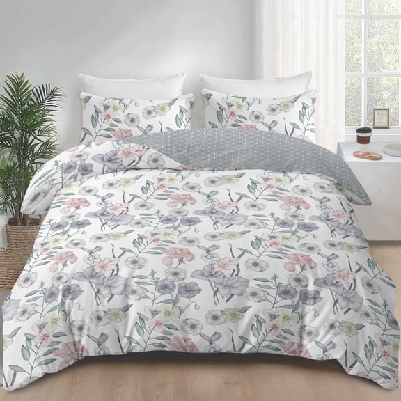 BlessLiving 3Pcs Duvet Cover Set for Adult Queen Size Gray Bedding Set Little Flower Comforter Cover Set