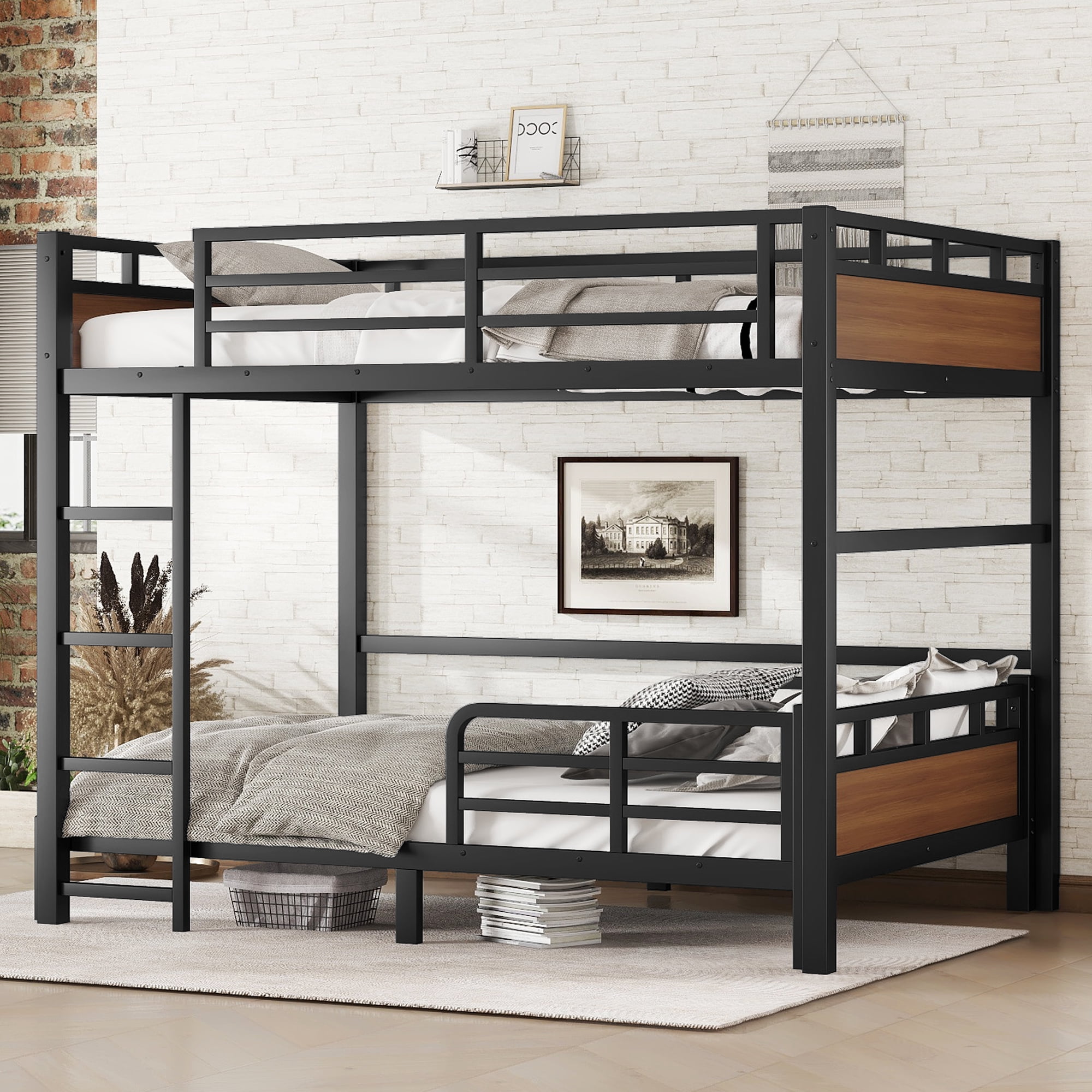 Leumius Full XL over Full XL Metal Bunk Bed,Metal Loft Bed,Separable Bunk Beds with Ladder & Safety Guardrail,Walnut