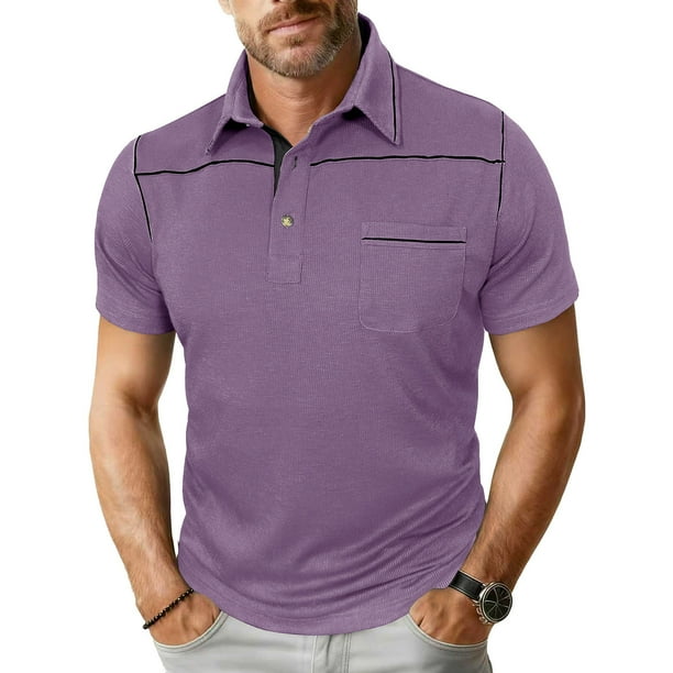 Blusa y camisa de manga corta con cuello vuelto para hombre, blusa de manga corta de color liso con botones y bolsillo y cuello vuelto, blusa de poliéster para hombre
