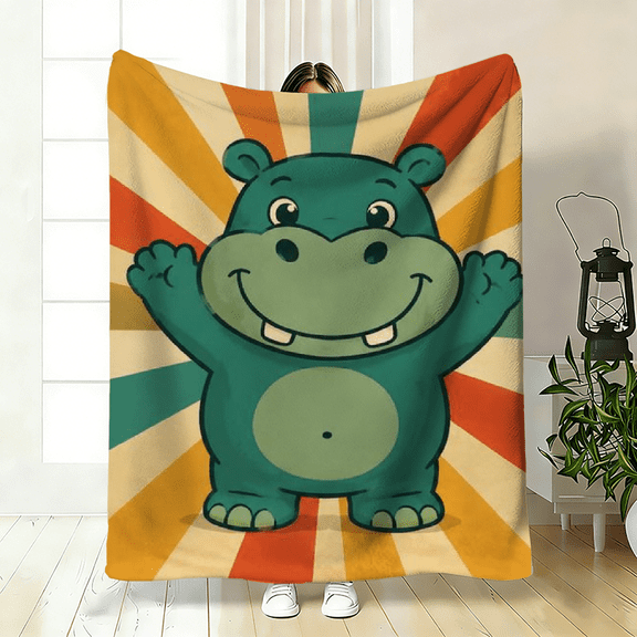 Soft flannel blanket with retro hippopotamus and sunburst pattern, cozy and decorative, perfect for gifting, and great for living room or travel.
