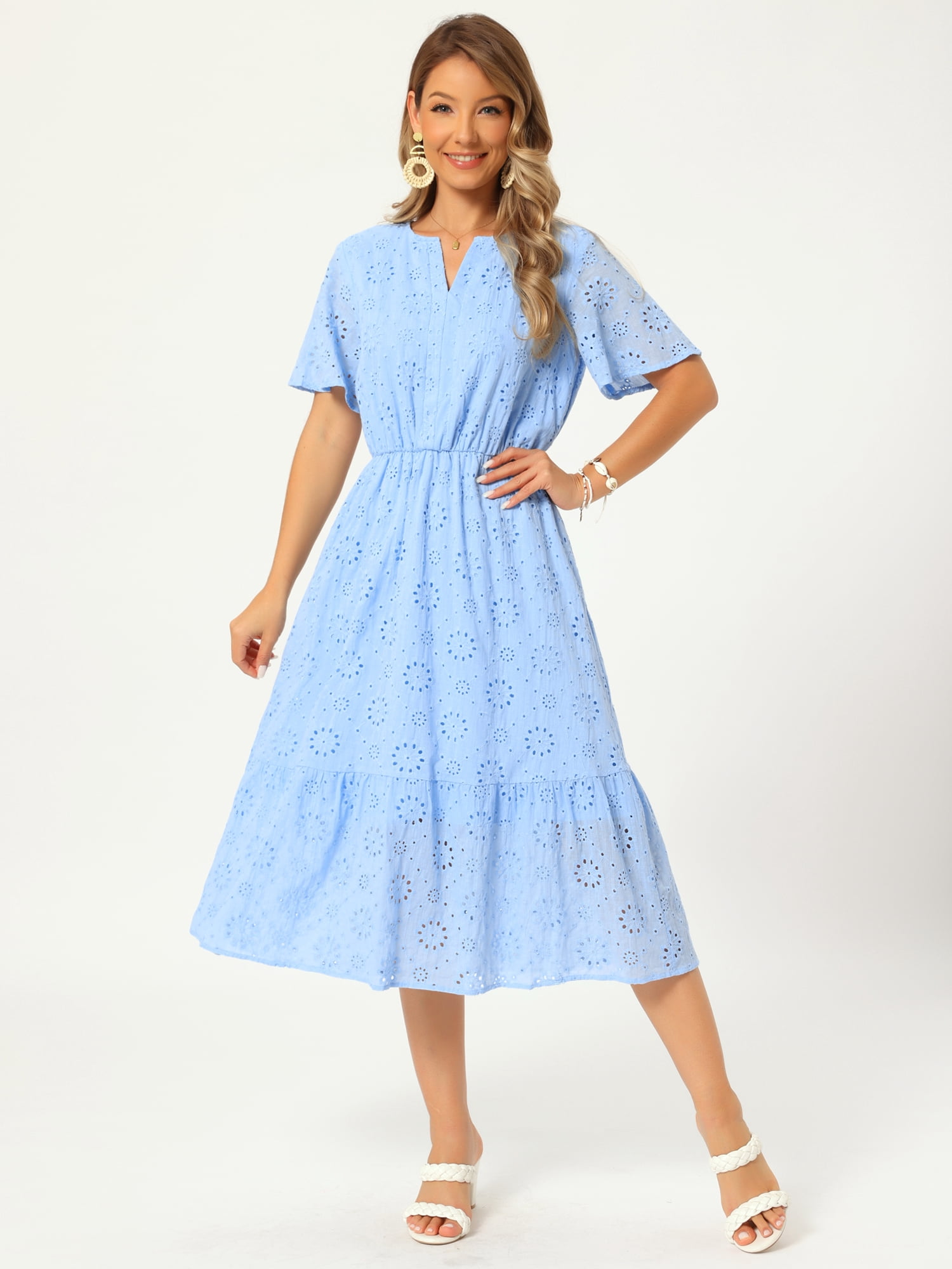 DARING DIVA Women's Eyelet Dress Notched Neck Short Sleeve A Line Midi Dress S Sky Blue