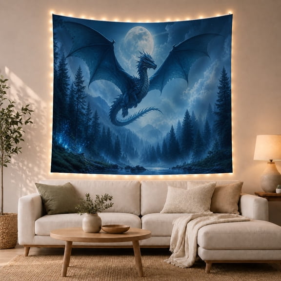 Blue Dragon Flying Above a Moonlit Forest, Dramatic Fantasy Style for Dragon Lovers, Mythic Wall Art, Housewarming Gift, Tapestry Wall Hanging for Bedroom and Living Room