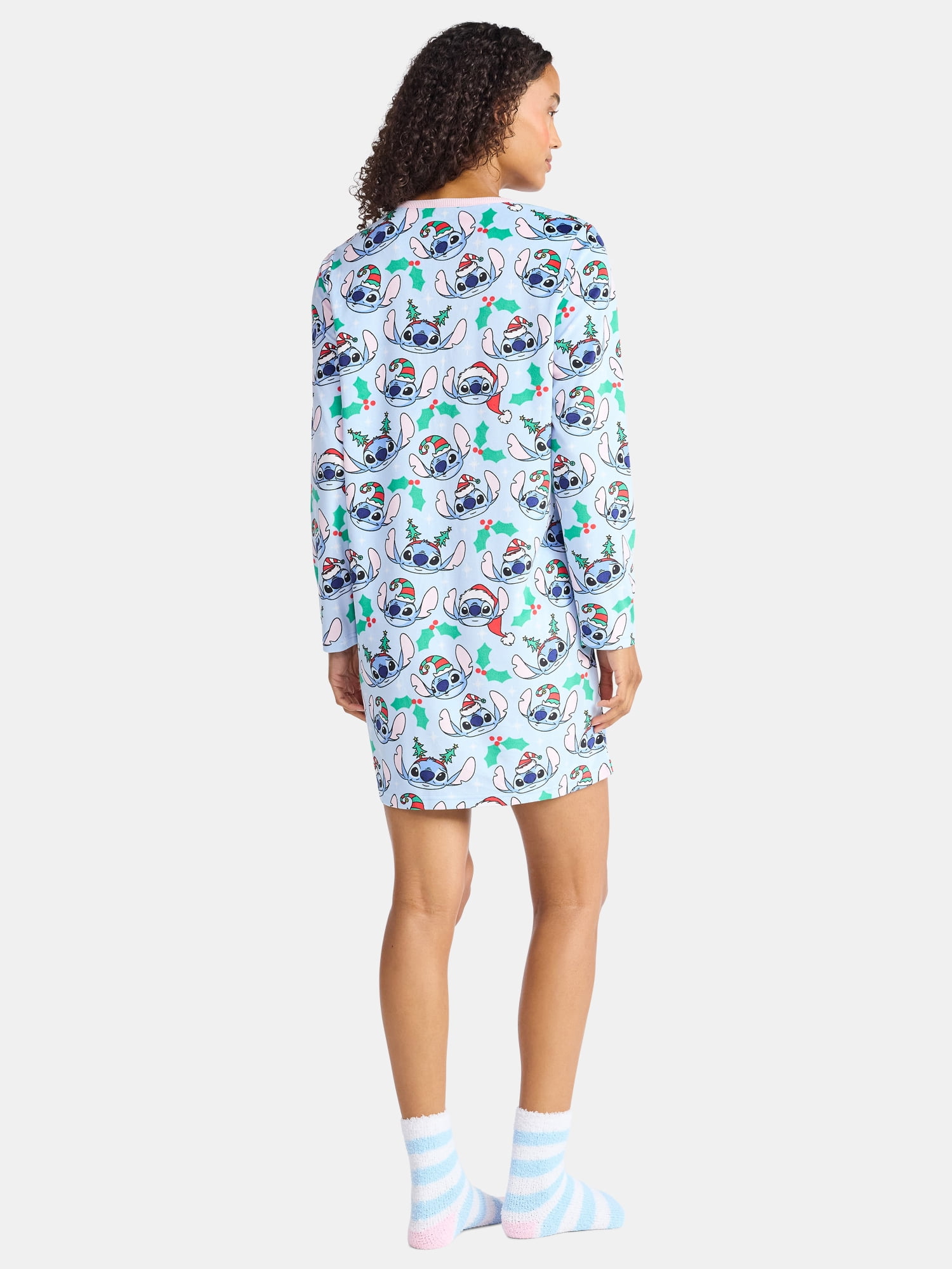 Disney Women's and Women's Plus Stitch Christmas Print Henley Sleepshirt and Plush Socks Set, 2-Piece, Sizes XS-3X