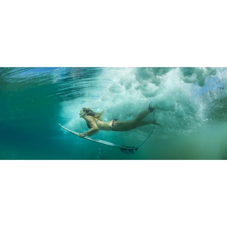Female surfer pushes under a wave while surfing Clansthal South Africa Stretched Canvas - Panoramic Images (27 x