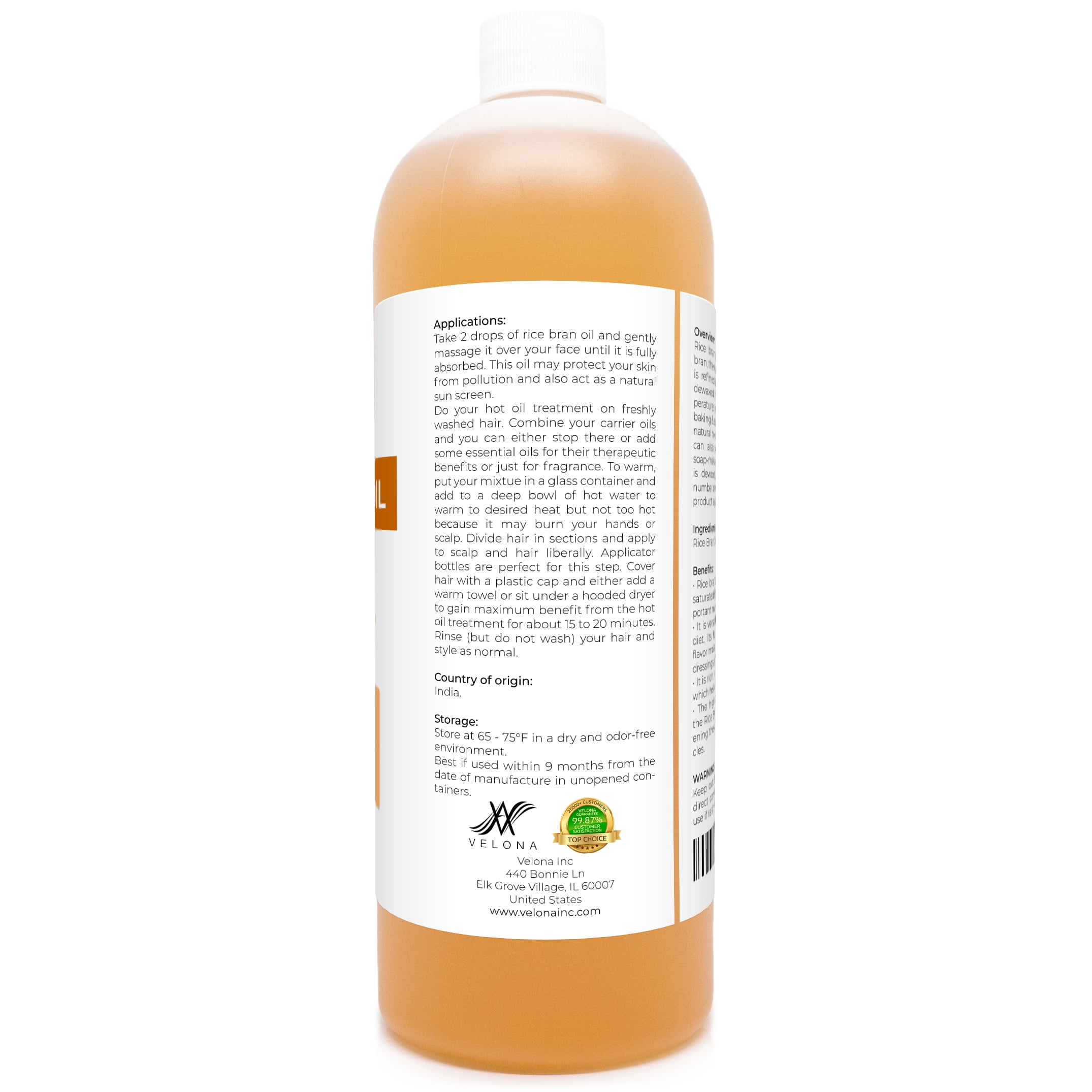 Rice Bran Oil by Velona - 32 oz | 100% Pure and Natural Carrier Oil | Refined, Cold Pressed | Cooking, Face, Hair, Body & Skin Care | Use Today - Enjoy Results
