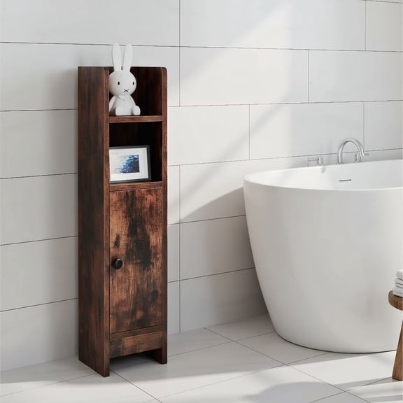 Resenkos Bathroom Slim Corner Storage Cabinet, Freestanding Organizer with Door and Adjustable Shelves, Storage Cabinet with Anti-Toppling Design for Small Bathroom, Kitchen, Rustic Brown