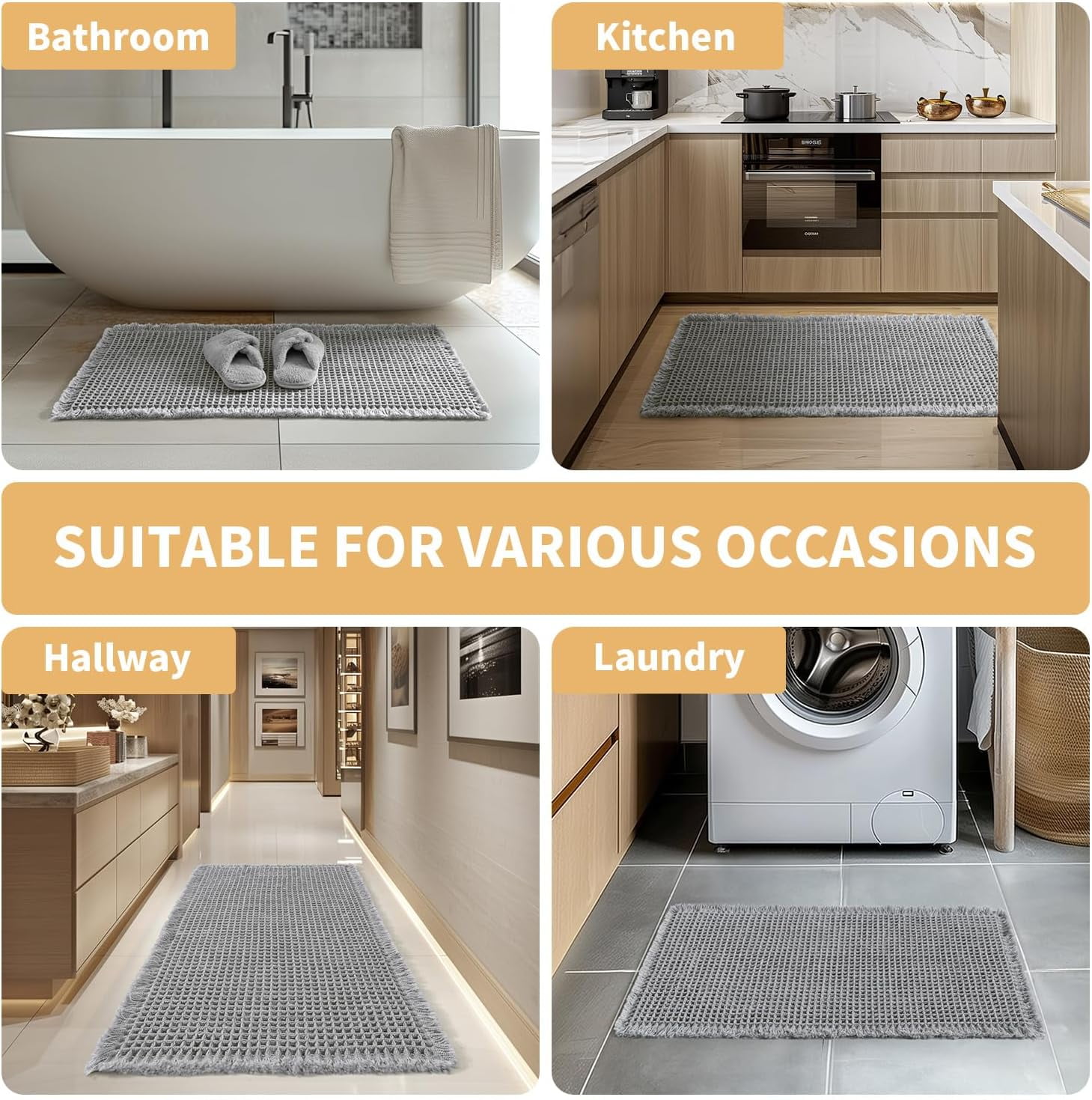 Waffle Bath Mat with Tassels,Absorbent Non Slip Bathroom Rug,Machine Washable Ultra Soft Floor Mats,Gray 24"*36"