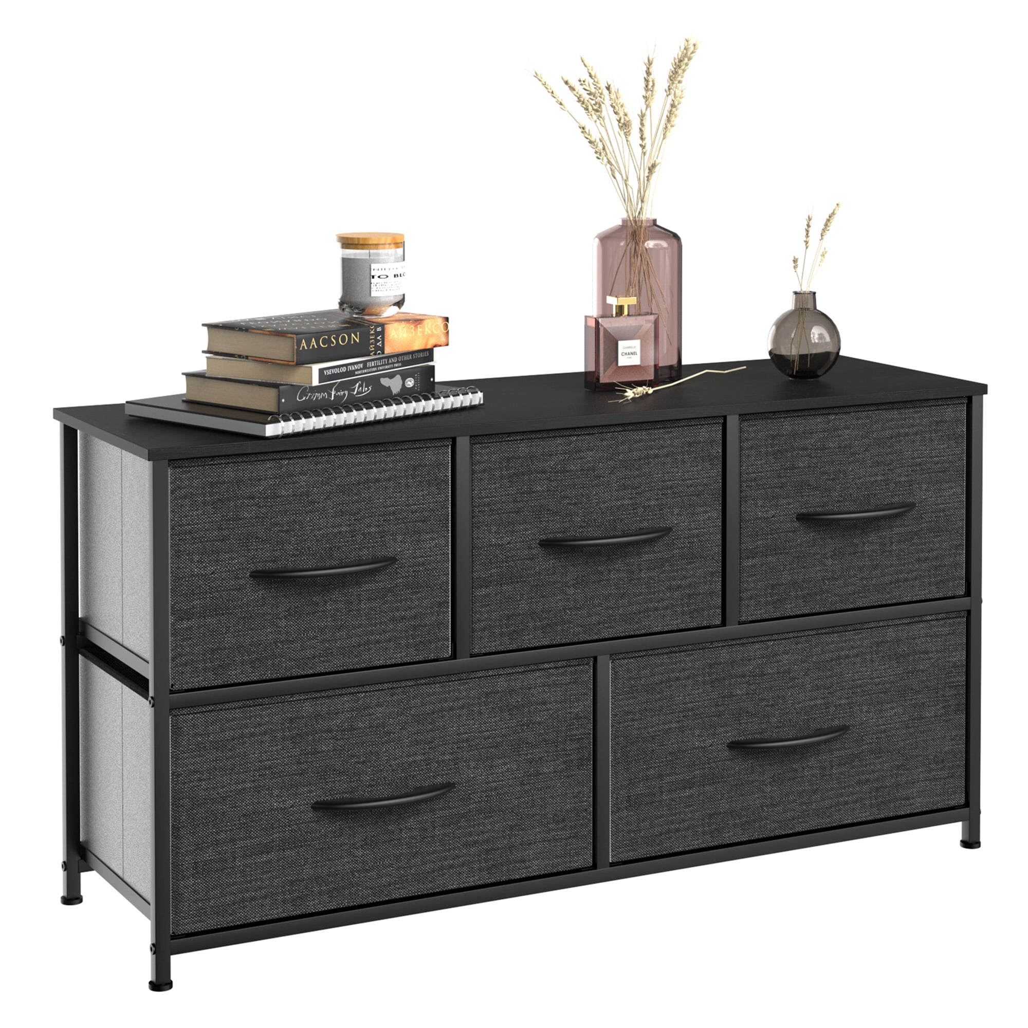 Dextrus Wide 5 Drawer Storage Organizer Wooden Top Shelf for Closets, Black Grey