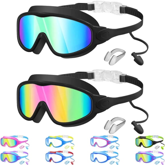 Swim Goggles with Earplugs and Nose Clip, Wide View Anti-Fog UV Protection