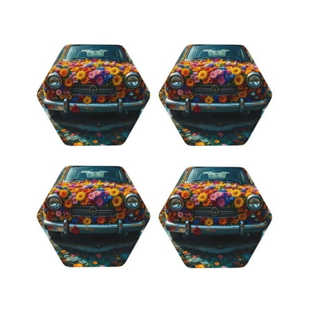

KLL Drink Coasters Set Hexagon of 4 PU Leather Absorbent Coasters Set Decorative Coffee Cup Coasters Housewarming Gift for Home Decor-Flower Covered Vintage Car
