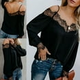 thumbnail image 4 of Off Shoulder Tops for Women Elegant Floral Lace Trim Black T-shirts Loose V Neck Long Sleeve Strappy Blouses (L, Black), 4 of 7